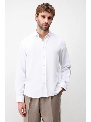 Antioch Beyaz Keten Karışımlı Relaxed Fit Erkek Gömlek