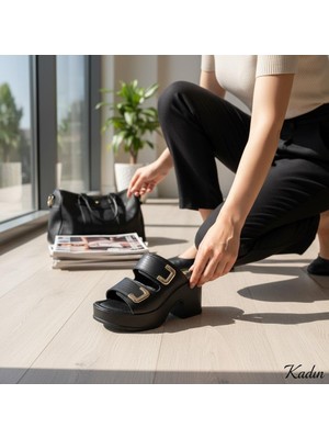 İnallar Ayakkabı Kadın Kalın Topuklu Cırtlı Terlik