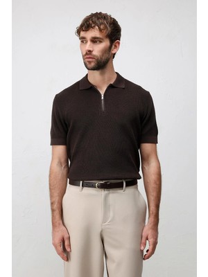 Antioch Kahve Comfort Slim Fermuarlı Erkek Triko T-Shirt