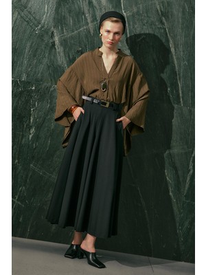 Manuka Kimono Kol Bluz Haki Çizgili