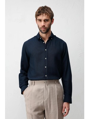 Antioch Lacivert Keten Karışımlı Relaxed Fit Erkek Gömlek