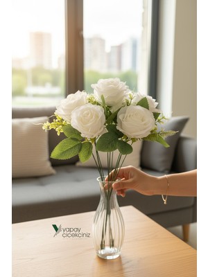 Yapay Çiçekçiniz 45 cm Yapay Çiçek Demeti  9 Dallı Gül ve Ortanca Yapay Çiçek Aranjmanı