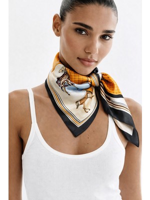 Modex Klasik ve Geometrik Desen At Figürlü Ipeksi Saten Fular (70*70CM)