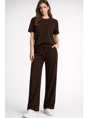 Kaside Kadın Taşlı Kısa Kol Beli Lastikli Bağlamalı Ikili Takım KSD-8636