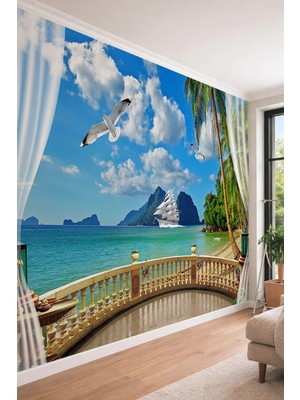Dreamwall Tropikal Sahil ve Yelkenli Gemi Manzaralı Balkon Perspektifli Tekstil Duvar Kağıdı