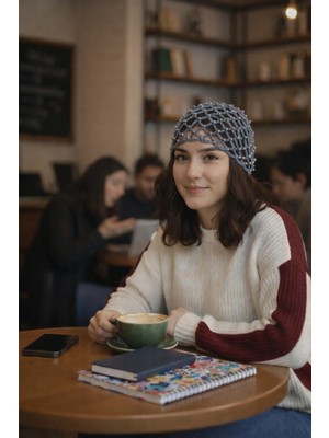 Mrey El Yapımı File Örgü Boncuklu Yazlık Şapka - Kadın File Bere – File Şapka - Tığ Işi, Koyu Gri, Kadın