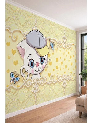 Dreamwall Sevimli Şapkalı Kedi ve Kalp Desenli Bebek Odası Tek Parça Tekstil Duvar Kağıdı