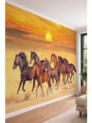 Dreamwall Altın Gün Batımı ve Koşan Atlar Temalı -Derinlik Etkili Tek Parça Tekstil Duvar Kağıdı