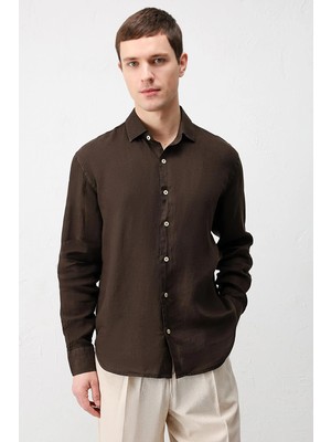 Antioch Kahve 100% Keten Relax Fit Erkek Gömlek