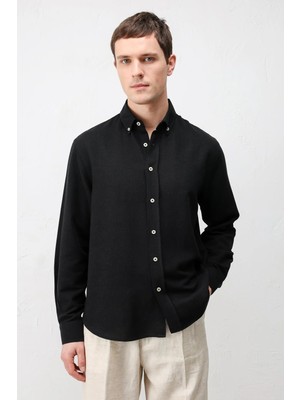 Antioch Siyah Keten Karışımlı Relaxed Fit Erkek Gömlek