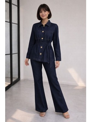 Hiramir Kadın Kot Takım Düğme Detaylı Kuşaklı Ceket Bol Paça Pantolon Takım YZ2521