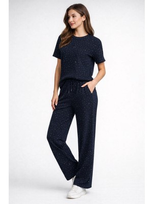 Kaside Kadın Taşlı Kısa Kol Beli Lastikli Bağlamalı Ikili Takım KSD-8636