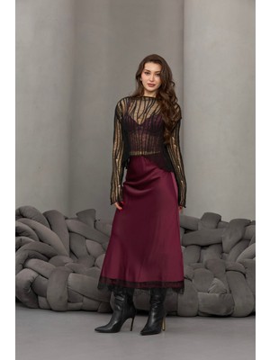 Fehu Bloom Kadın Bordo Beli Lastikli Dantelli Saten Etek