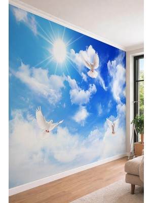 Dreamwall Güneşli Gökyüzü ve Beyaz Güvercinler Temalı Tek Parça Tekstil Duvar Kağıdı