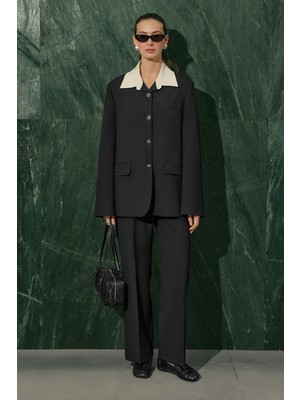 Manuka Kontrast Yakalı Tasarım Blazer Ceket Siyah