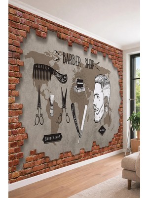 Dreamwall 3D Görünümlü Tuğla Çerçeveli Dünya Haritası ve Berber Temalı Tekstil Duvar Kağıdı