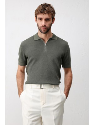 Antioch Haki Comfort Slim Fermuarlı Erkek Triko T-Shirt