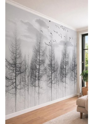 Dreamwall Puslu Orman ve Göç Eden Kuşlar Temalı Tek Parça Tekstil Duvar Kağıdı