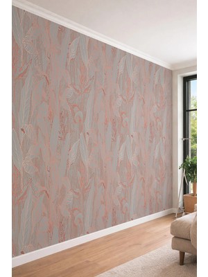 Dreamwall Rose Gold Detaylı Gri Tropikal Yaprak Desenli Tek Parça Tekstil Duvar Kağıdı