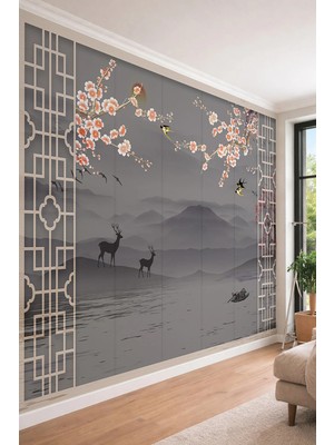 Dreamwall Uzak Doğu Temalı Geyik ve Sakura Dalları Desenli Tek Parça Tekstil Duvar Kağıdı