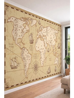 Dreamwall Antik Görünümlü Eskitme Dünya Haritası - Nostaljik ve Dekoratif Tekstil Duvar Kağıdı