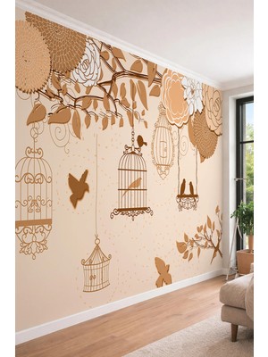 Dreamwall Nostaljik Kuş Kafesi ve Bahar Çiçekleri Temalı Tek Parça Tekstil Duvar Kağıdı