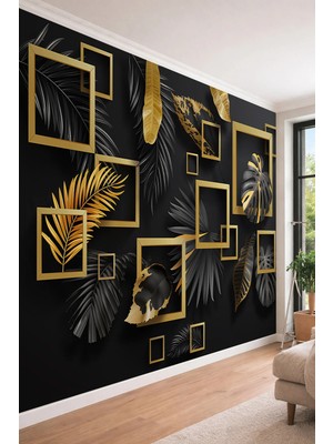 Dreamwall 3D Görünümlü Yaprak Desenli Geometrik Çerçeveli Tek Parça Tekstil Duvar Kağıdı