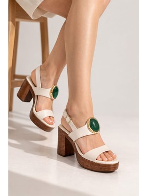 Melinta Shoes Melinta Orta Topuklu Taşlı Beyaz Kadın Ayakkabı