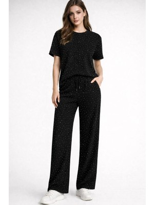 Kaside Kadın Taşlı Kısa Kol Beli Lastikli Bağlamalı Ikili Takım KSD-8636