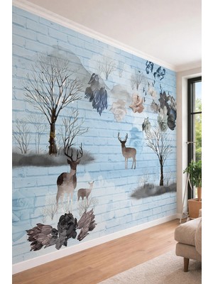 Dreamwall Tuğla Desenli Geyik ve Çiçek Temalı Sanatsal Tek Parça Tekstil Duvar Kağıdı