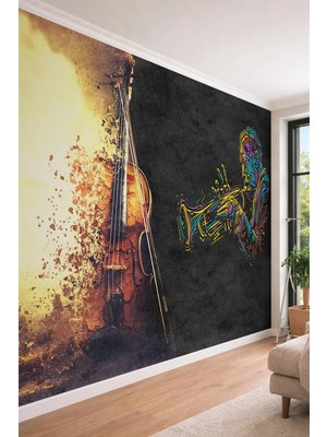 Dreamwall Neon Renkli Trompetçi ve Keman Temalı Modern Müzik Odası Tekstil Duvar Kağıdı