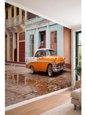 Dreamwall Nostaljik Küba Sokakları ve Klasik Araba Temalı Tekstil Duvar Kağıdı