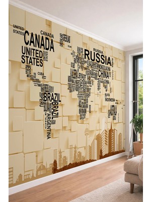 Dreamwall 3D Görünümlü Tipografik Dünya Haritası - Modern Tasarım Tek Parça Tekstil Duvar Kağıdı