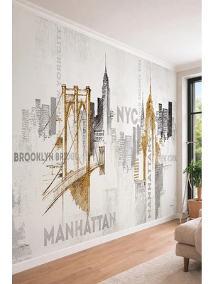Dreamwall Nyc Brooklyn Bridge ve Manhattan Eskiz Tasarımlı Tek Parça Tekstil Duvar Kağıdı