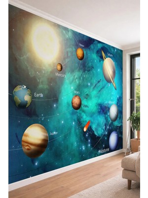 Dreamwall 3D Görünümlü Güneş Sistemi ve Gezegenler Temalı Tek Parça Tekstil Duvar Kağıdı
