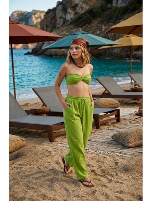 Miespiga %100 Pamuklu Dokuma Müslin Düğüm Crop Top Arkası Lastikli 2'li Pantolon Takım