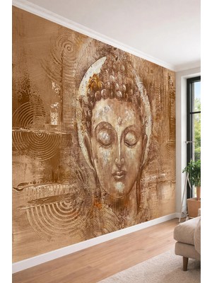 Dreamwall Eskitme Dokulu Kahve Tonları Budha Portresi - Modern Sanat Tekstil Duvar Kağıdı