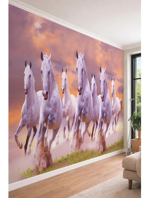 Dreamwall Gün Batımında Koşan Beyaz Atlar Temalı - Tek Parça Tekstil Duvar Kağıdı