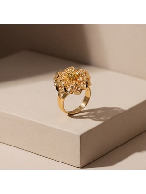 Ferizz Altın Kaplama Çiçek Motifli Işlemeli Ayarlanabilir Kadın Yüzük YZK-519