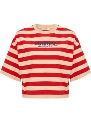 MUDO Loose Fıt Çizgili Nakışlı Bisiklet Yaka T-Shırt