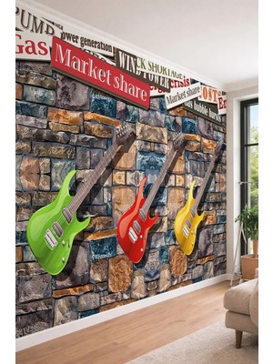 Dreamwall 3D Elektro Gitar ve Doğal Taş Duvar Desenli Tek Parça Tekstil Duvar Kağıdı