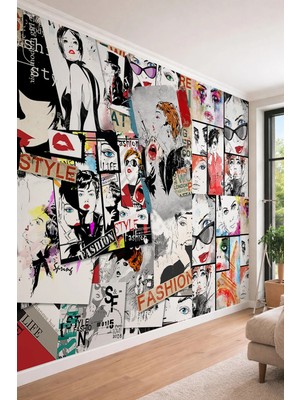 Dreamwall Retro Moda ve Stil Temalı Pop-Art Kadın Portreleri Kolajlı Tek Parça Tekstil Duvar Kağıdı