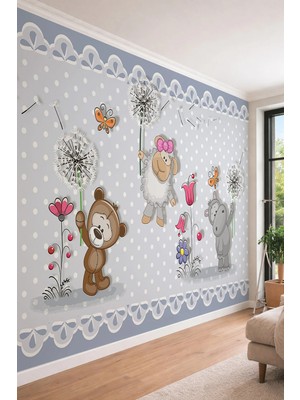 Dreamwall Sevimli Ayıcık, Kuzu ve Hipopotam Temalı Puantiyeli Bebek Odası Duvar Kağıdı