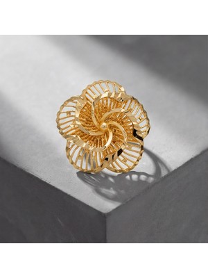 Ferizz Altın Kaplama Çiçek Motifli Desenli Ayarlanabilir Kadın Yüzük YZK-520