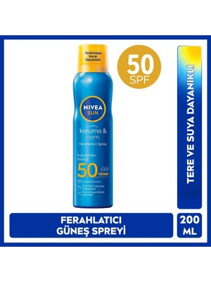 NIVEA SUN SPF50 Yüksek Güneş Koruyucu ve Ferahlatıcı Güneş Spreyi 200ml, Tere ve Suya Dayanıklı, Hızlı Emilir
