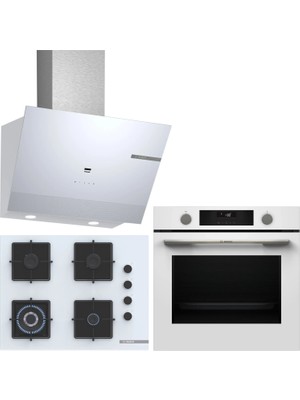 Bosch Beyaz 3 Lü Ankastre Set 549 ( HUA736EV0T - POH7C2P31O - DWK67PJ20T  ) 67CM Wok Bek Ocak - Buhar Destekli Fırın -