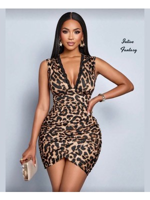 Intive Lingerie Intive Fantasy Leopar Desen Derin V Dekolteli Kalın Askılı Mini Gecelik/elbise/ev Giyim