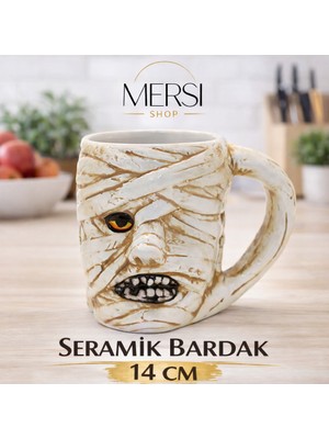 Mersi Shop Antik Mısır Mumya Figürlü 3D Kabartmalı Seramik Kupa Bardak – Dekoratif Kahve Çay Kupası