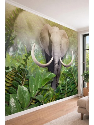 Dreamwall Vahşi Orman ve Görkemli Fil Temalı - 3D Derinlik Etkili Tek Parça Tekstil Duvar Kağıdı