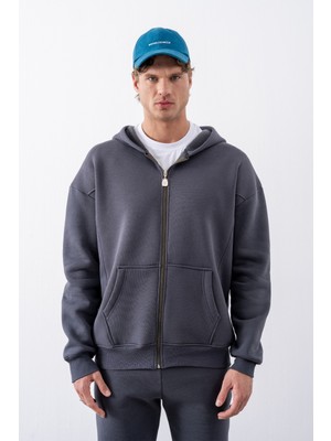 Gothamvibes Erkek Oversize Fermuarlı Kapüşonlu Antrasit Sweatshirt